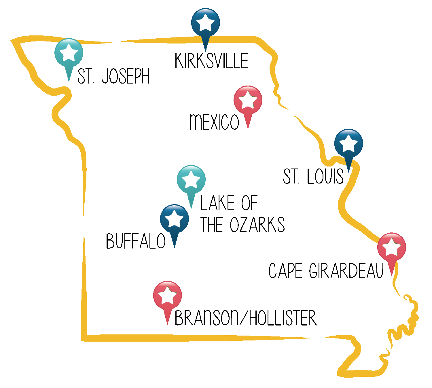 SHOW ME STRONG KIDS communities: St. Joseph, Kirksville, St. Louis, Mexico, Cape Girardeau, Lake of the Ozarks, Brandon/Hollister, Buffalo.