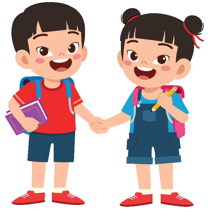 Two happy siblings holding hands with backpacks and school supplies