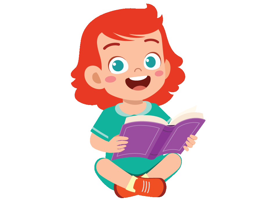 A happy child sitting cross-legged and holding a book in her lap.