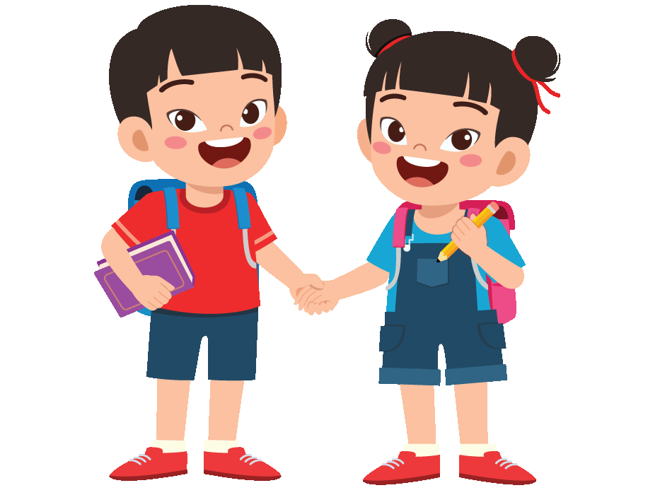 Two happy siblings holding hands with backpacks and school supplies.