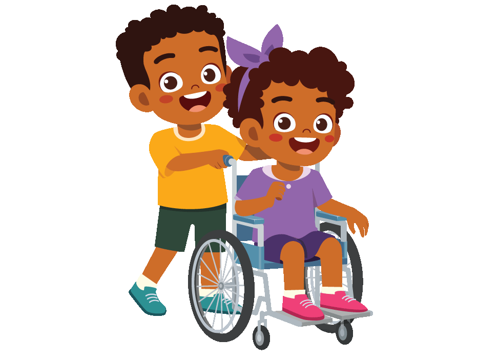 One happy child pushing another happy child in a wheelchair.
